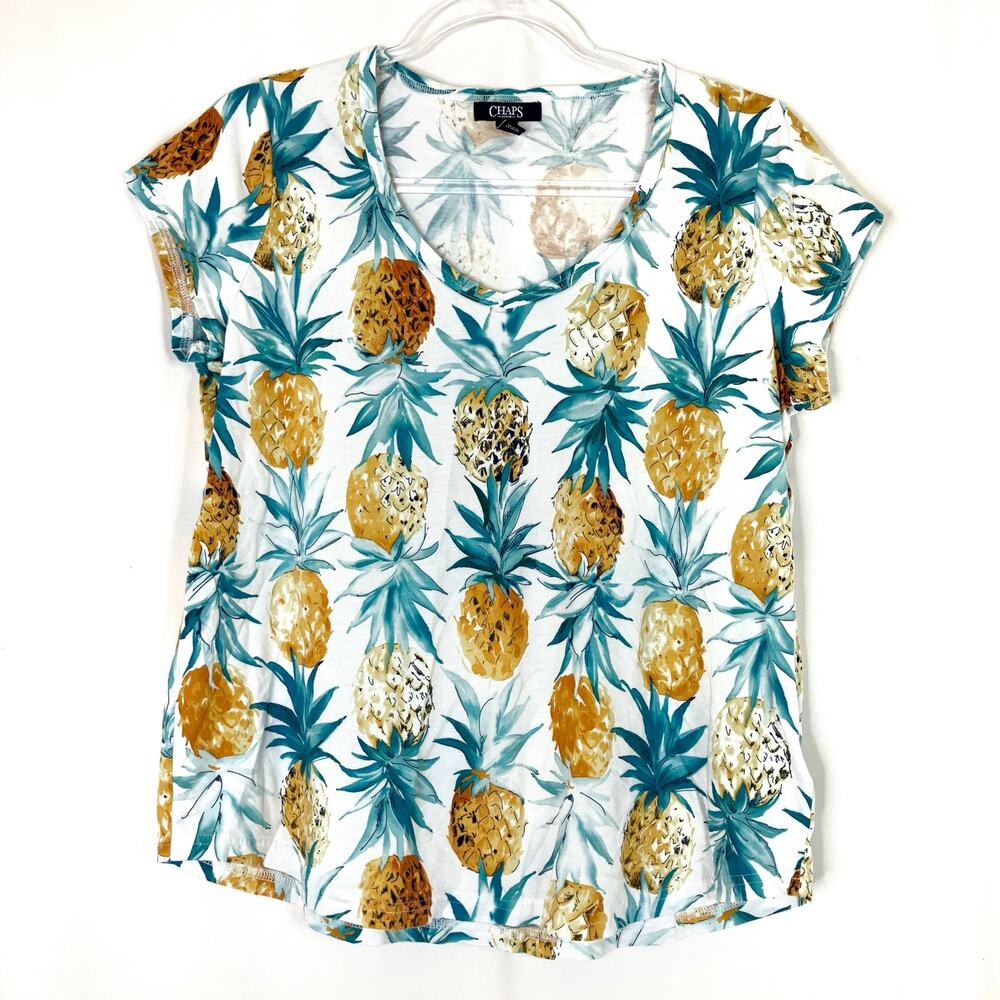 CHAPS Tropical Pineapple Short Sleeve Tee Scooped V Neck Cotton Blend Womens L